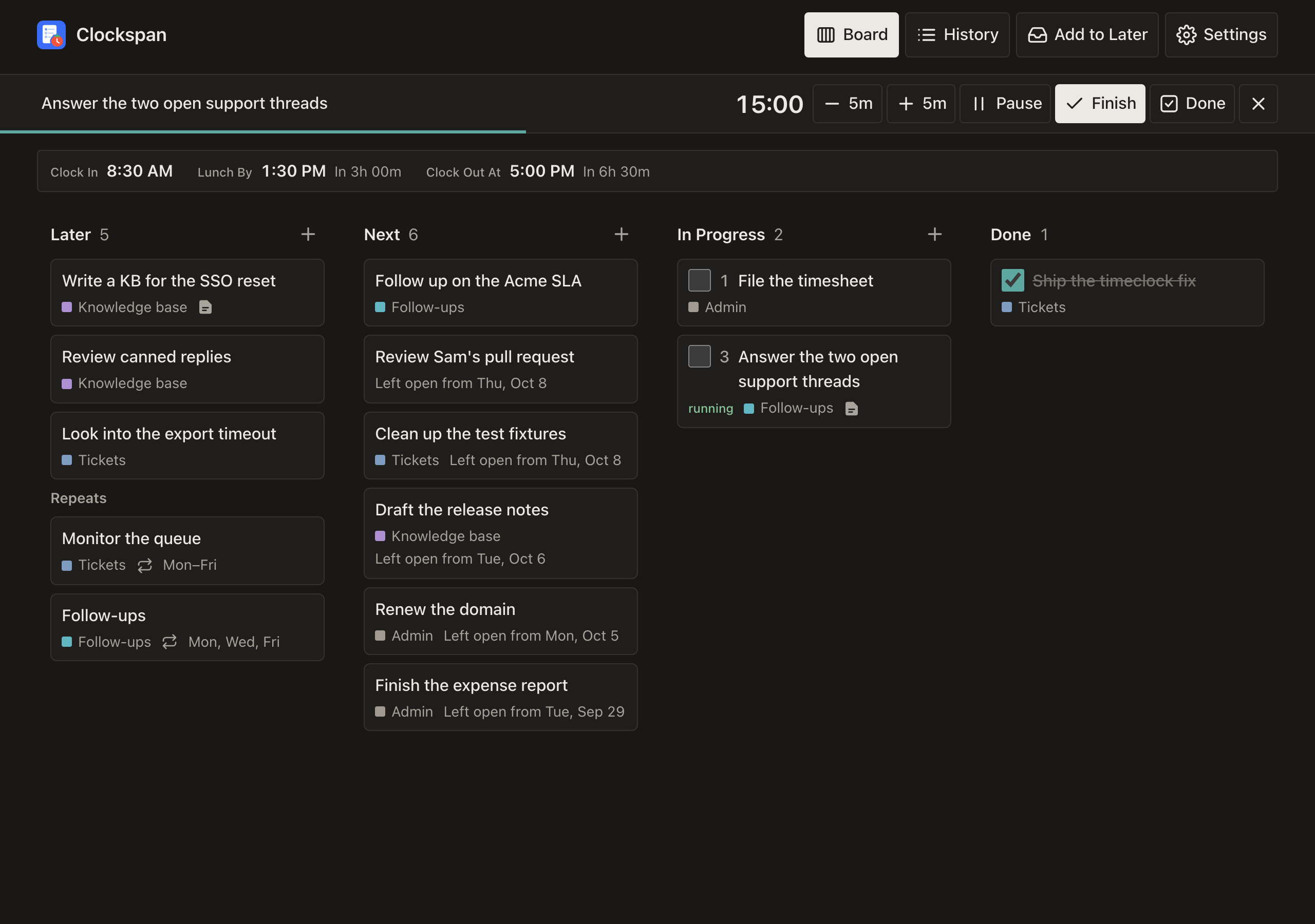 The Board page on a desktop, dark mode: the capture box, then Later, Next, In progress (today's priorities) and Done side by side, cards marked with their category