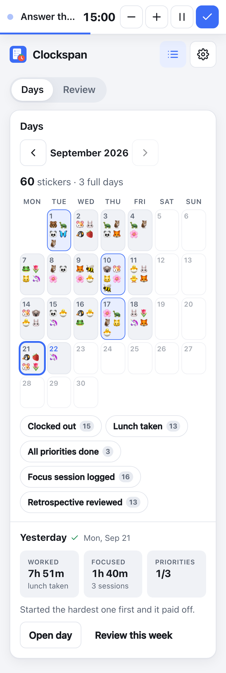 History → Days: a month calendar with the hours worked on each day, and the picked day's worked, focused and priorities under it with Open day and Review this week