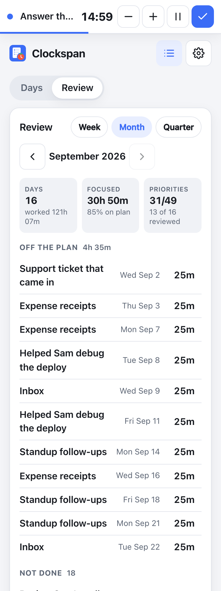 History → Review → Month: days and hours worked, focused time on and off plan, what went off the plan, what never got done, and each day's note