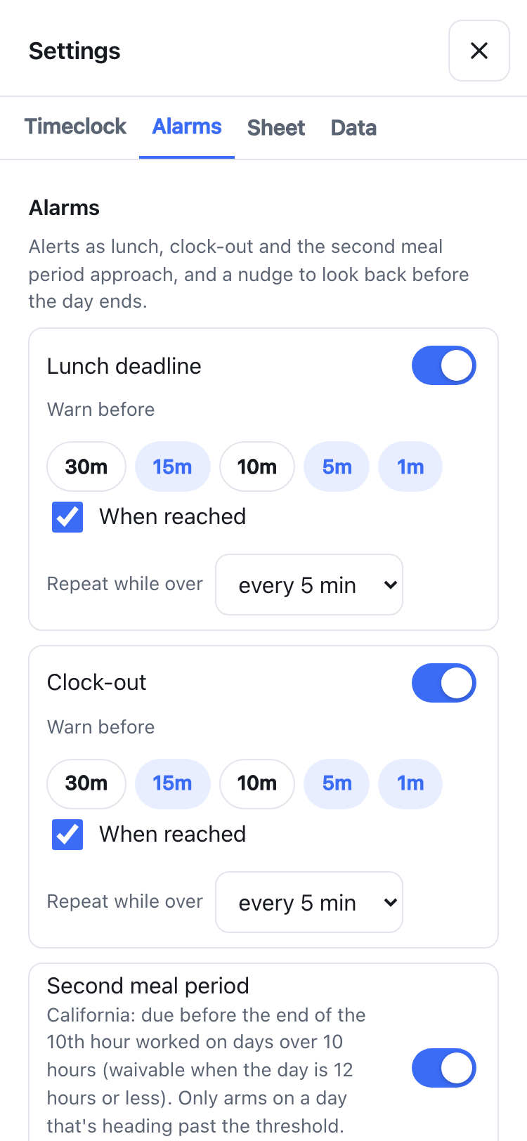 Settings → Alarms: per-alarm warn-before chips, when reached, repeat while over