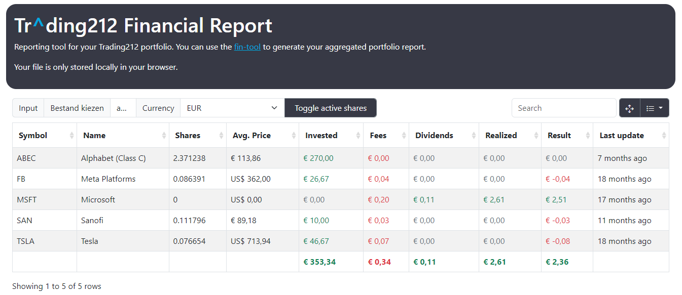 Screenshot of the fin reporting tool