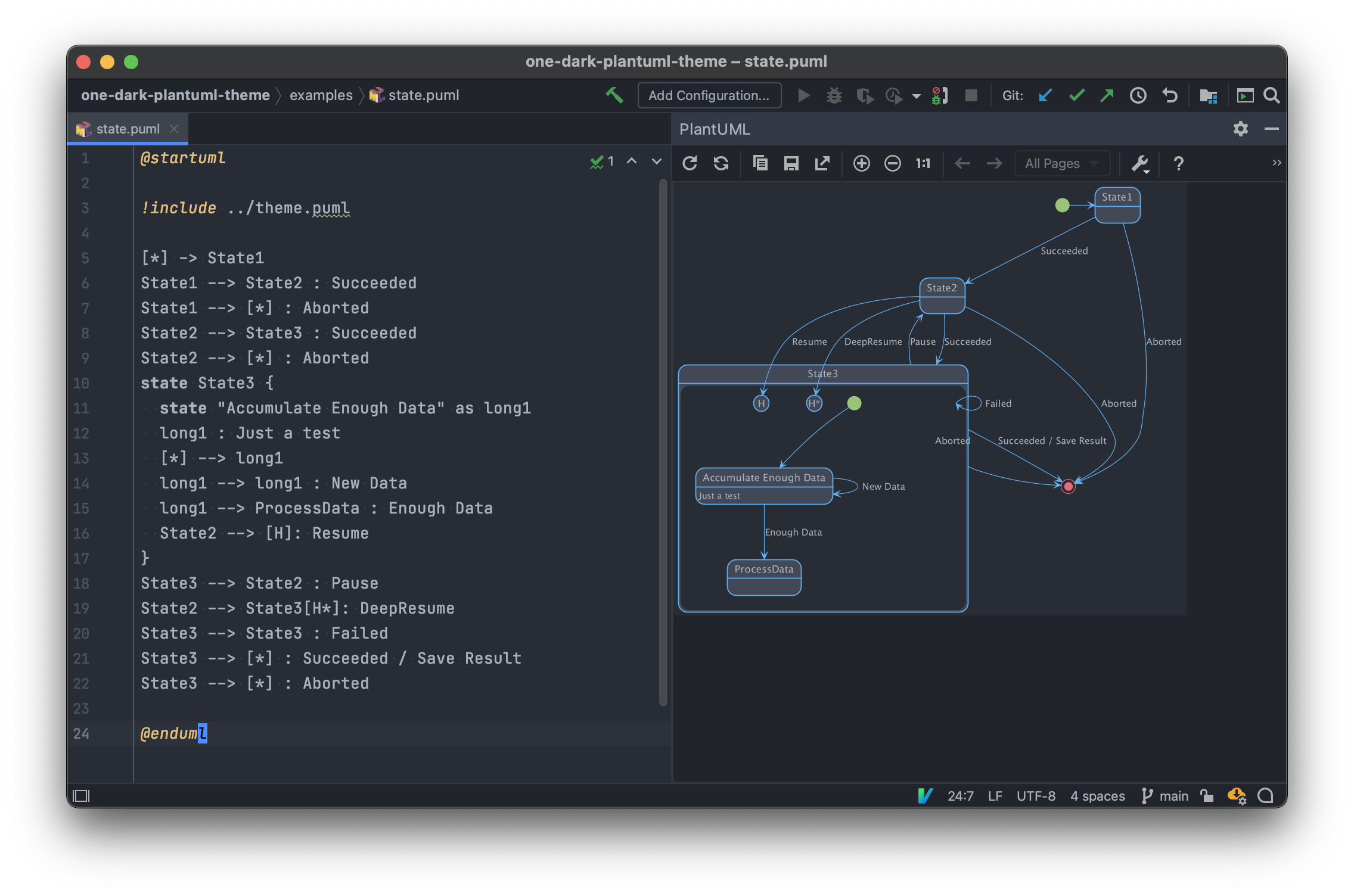 One Dark PlantUML theme in JetBrains IDE