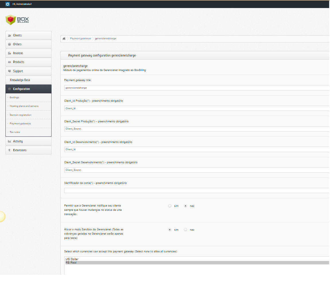 Parametros de configuração do módulo Gerencianet