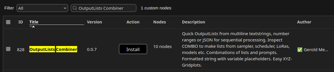 Search OutputLists Combiner in ComfyUI-Manager