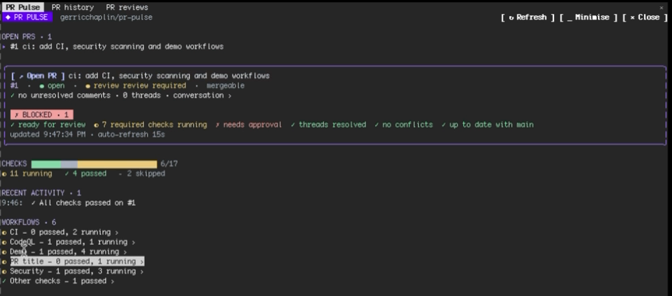 PR Pulse pane watching a pull request: merge-readiness verdict, check progress, recent activity and workflows