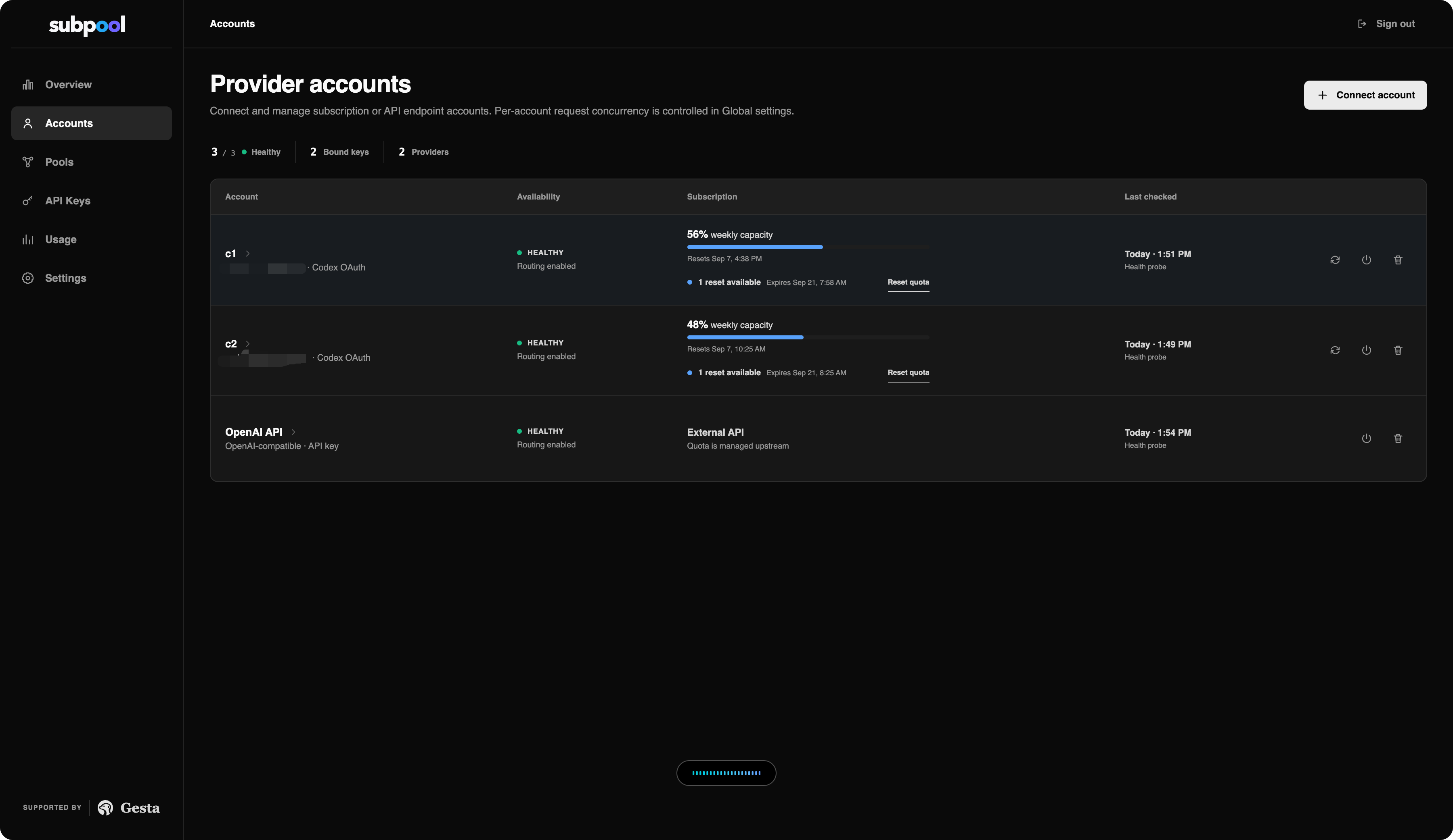 Subpool provider accounts console