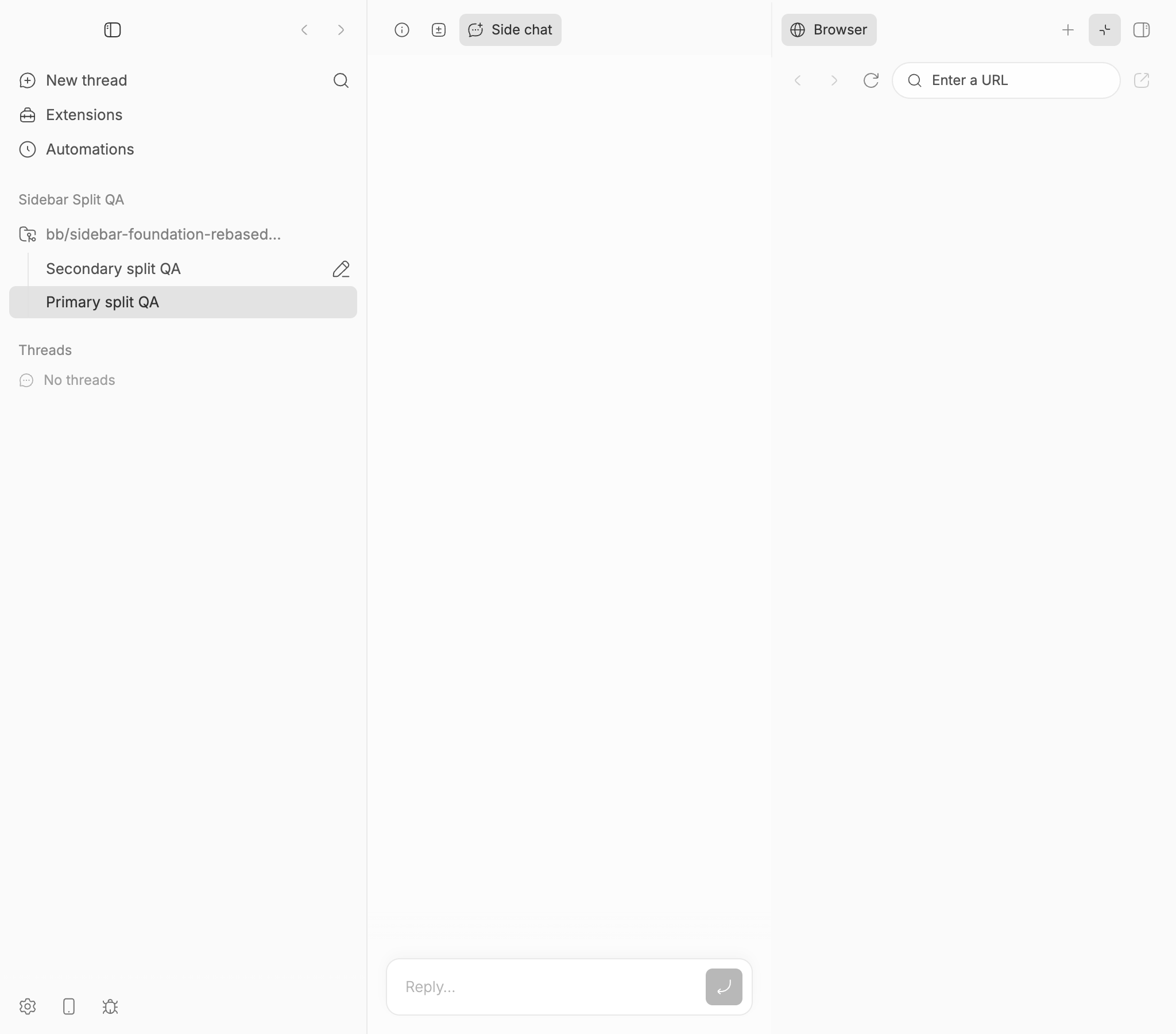 Compact full-screen right panel with Browser and Side chat split panes