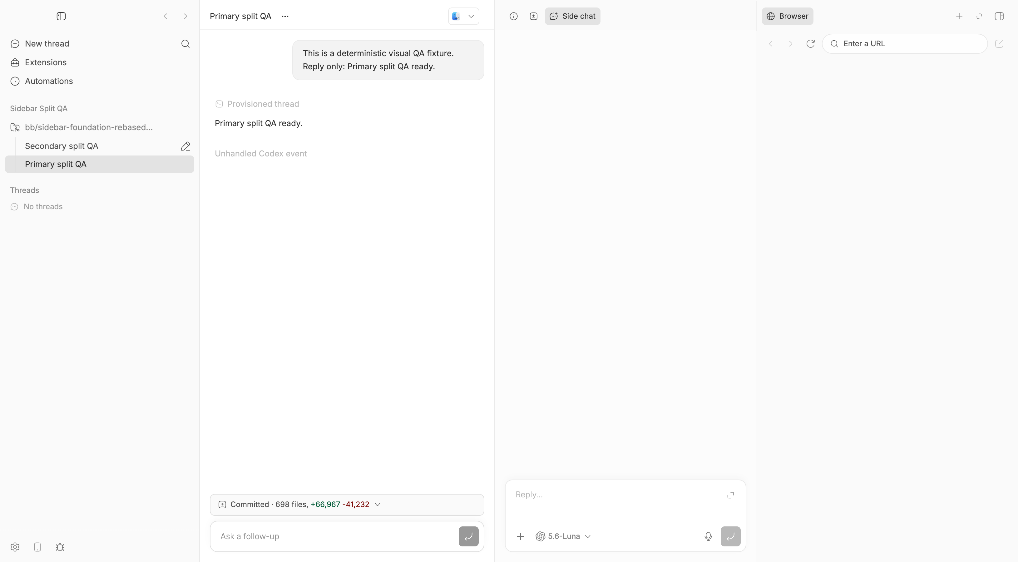 Wide right-sidebar tab split with Browser and Side chat