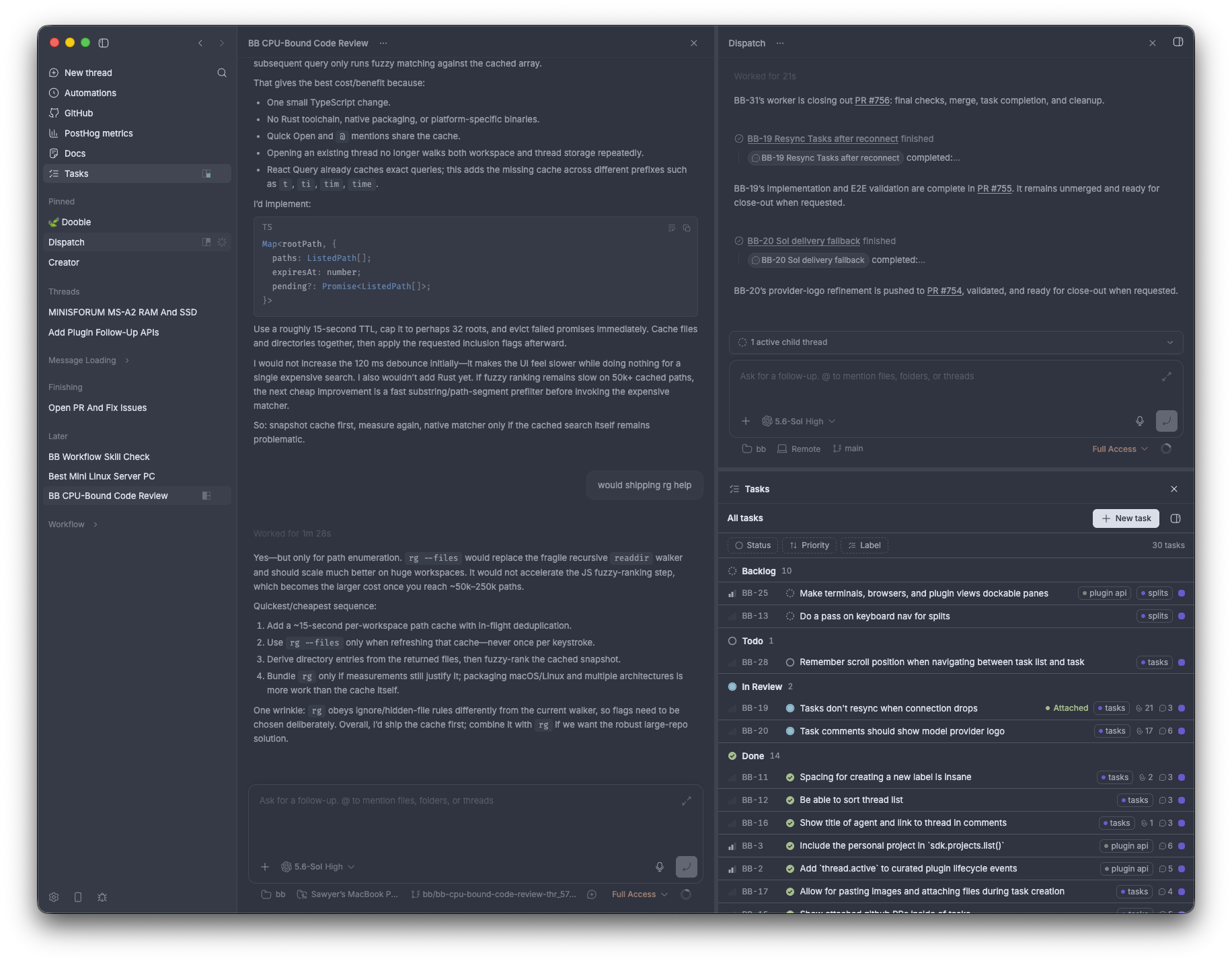 bb desktop app showing a code review thread, dispatch panel, and task board