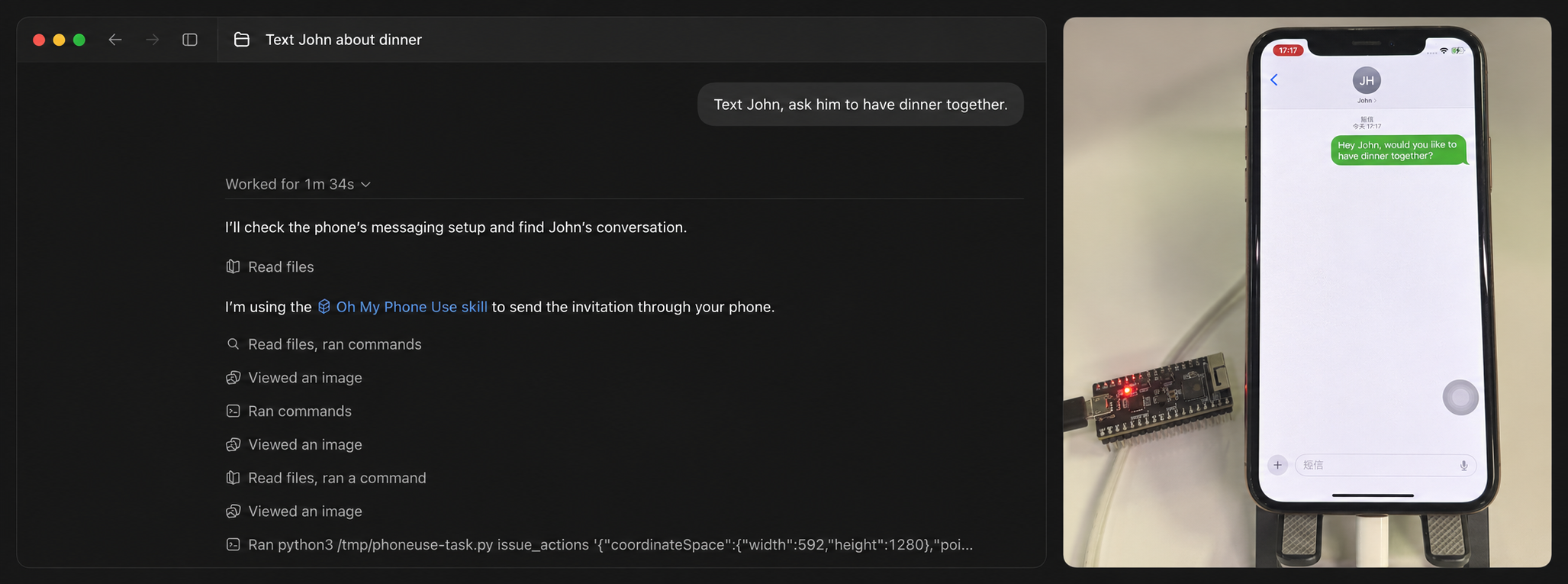 Codex sending a dinner invitation to John, alongside the iPhone showing the sent message and the ESP32 board