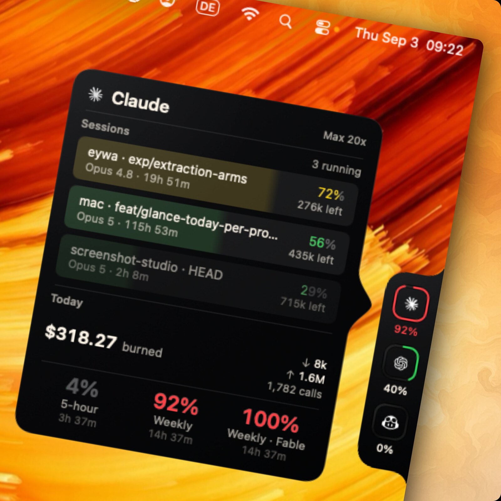 CodeBurn Capacity Dock showing live provider usage rings on the screen edge