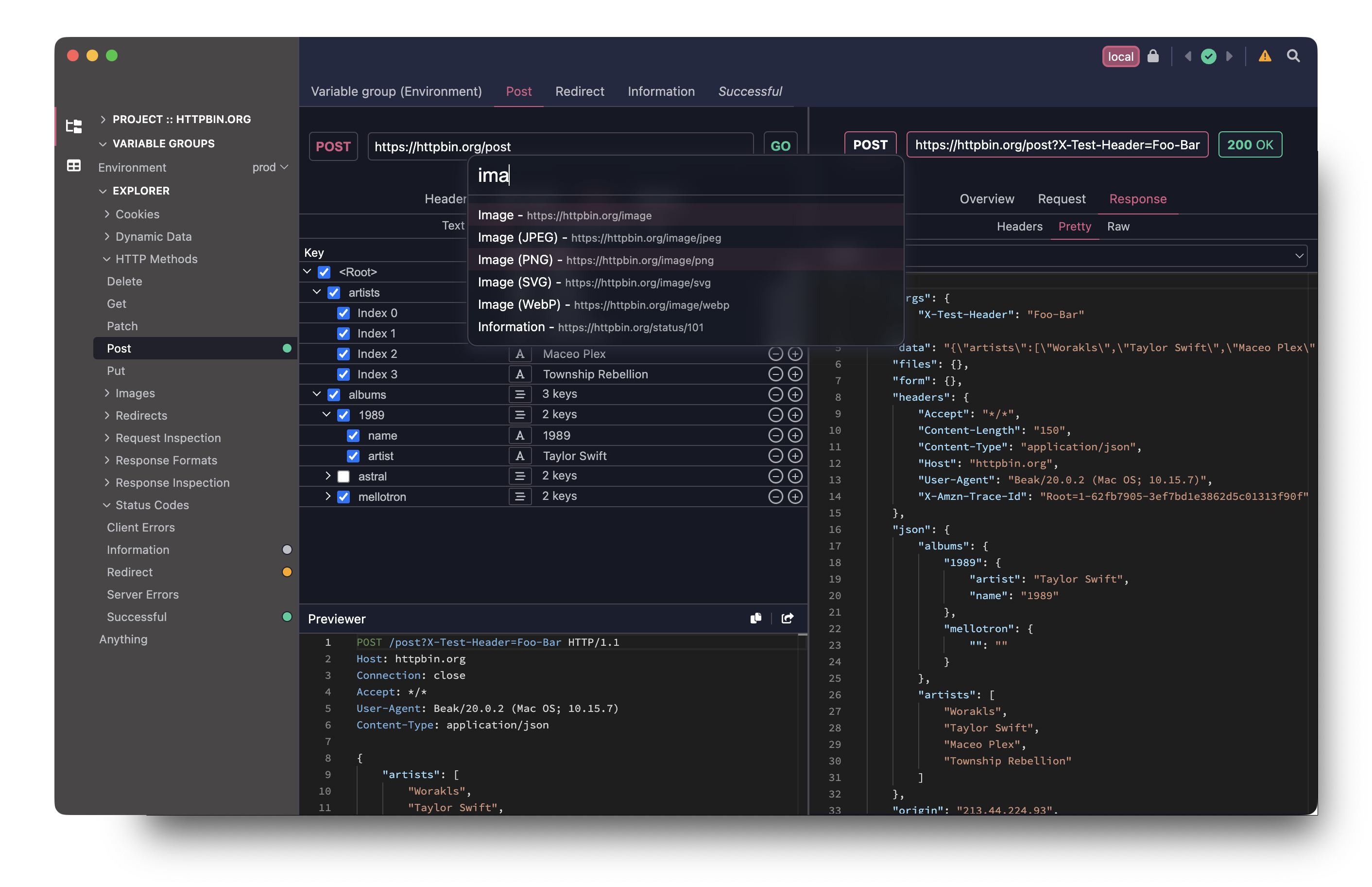 Preview of Beak showing the project explorer, request and response views, and the omni bar