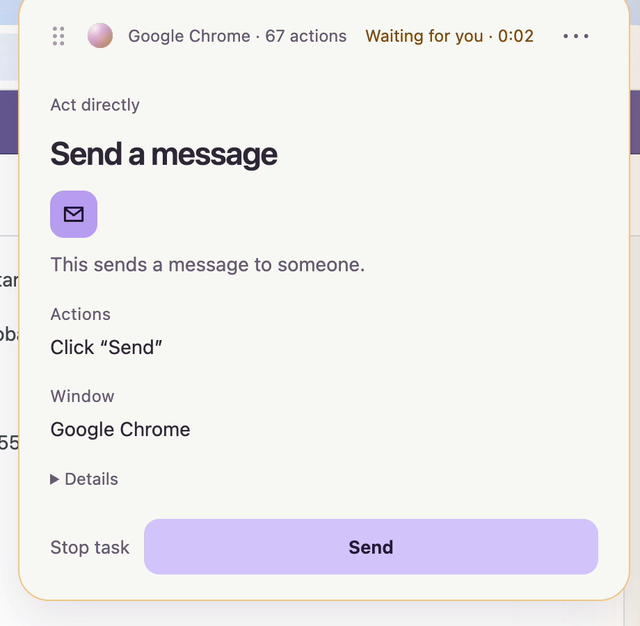 Capsule card: Send a message. This sends a message to someone. Actions: Click Send. Window: Google Chrome. Buttons: Stop task, Send.