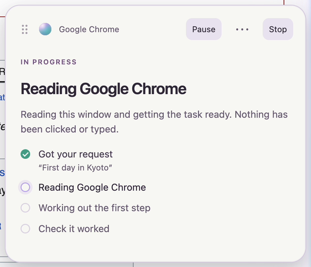 Capsule in progress: Reading Google Chrome. Nothing has been clicked or typed. A checklist of steps, with Pause and Stop.