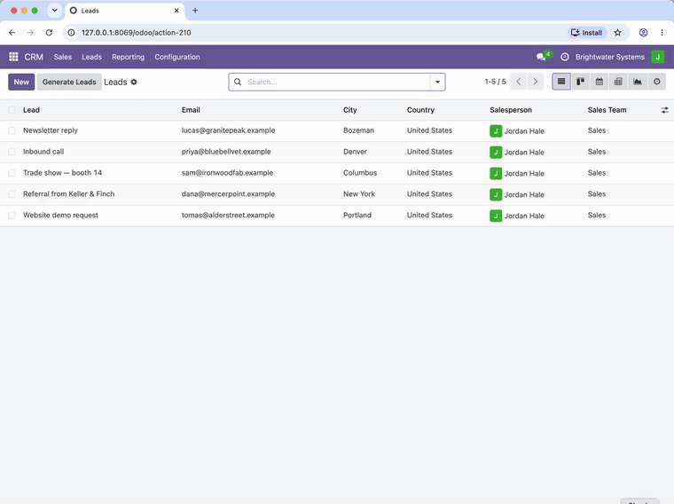 In Odoo CRM, Option-D opens Carve's prompt. A brief with three webinar sign-ups is typed in. Carve opens a new lead, fills the title, company, contact, email, phone, notes and priority, repeats for the other two, opens the first lead again, writes a message, and stops at Send until it is approved.