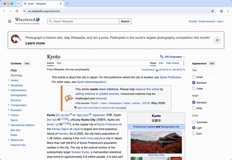 On a Wikipedia page about Kyoto, pressing Option-D opens Carve's prompt. The request is typed in, the capsule shows each step as Carve reads the window, then it answers with a plan for a first day in Kyoto.