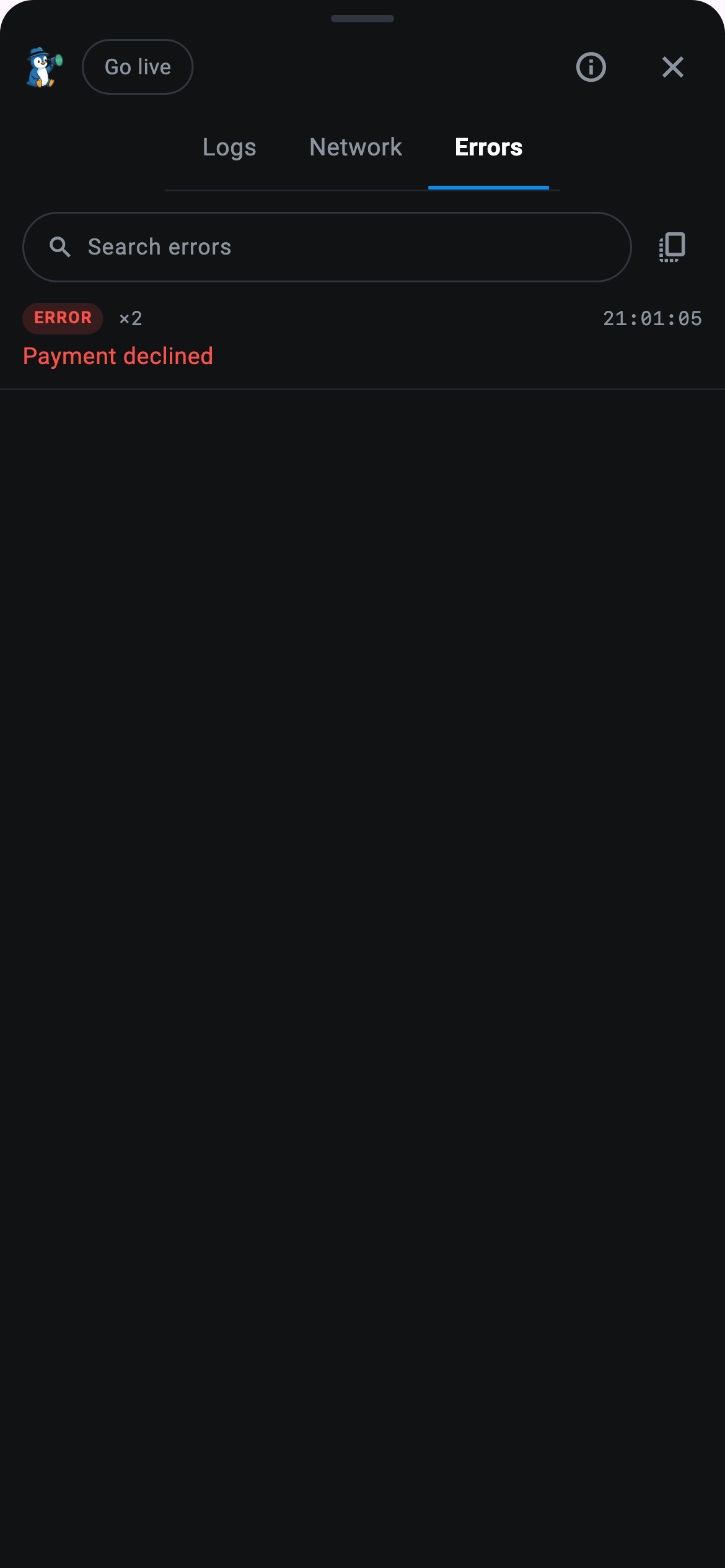 The Errors tab of the in-app CodeScout panel
