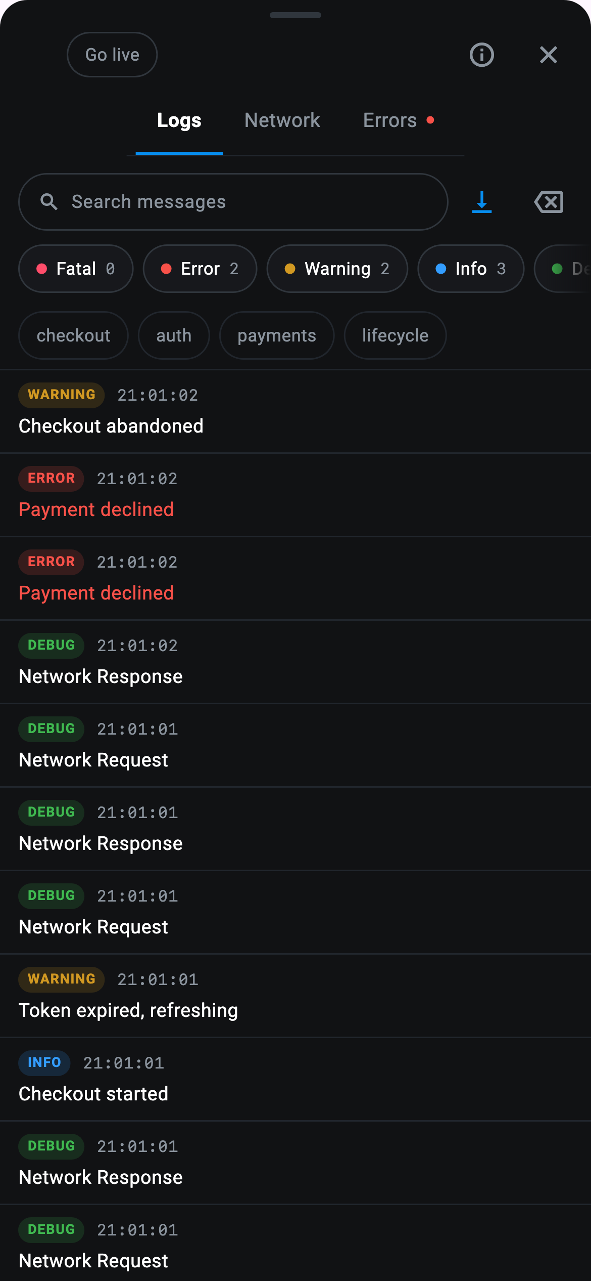 The Logs tab of the in-app CodeScout panel