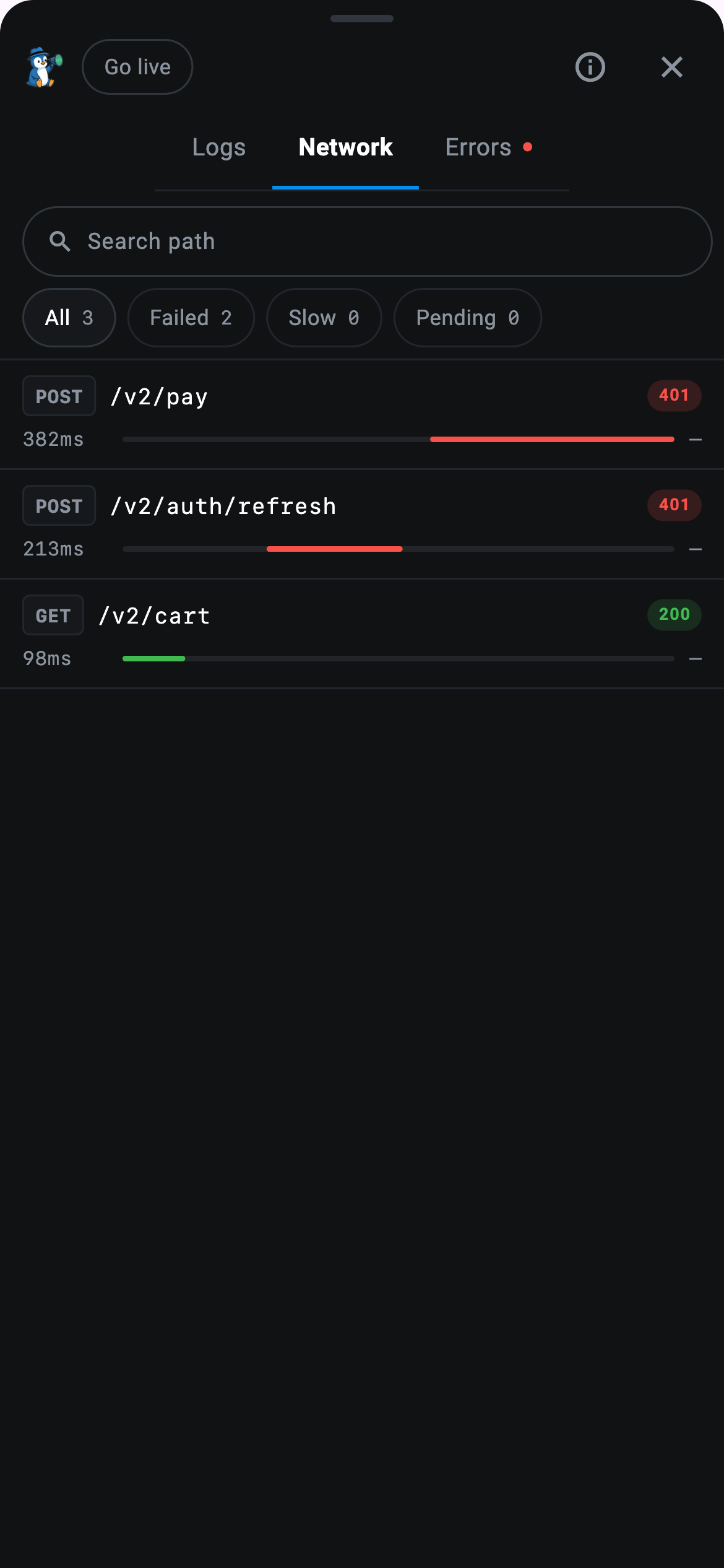 The Network tab of the in-app CodeScout panel