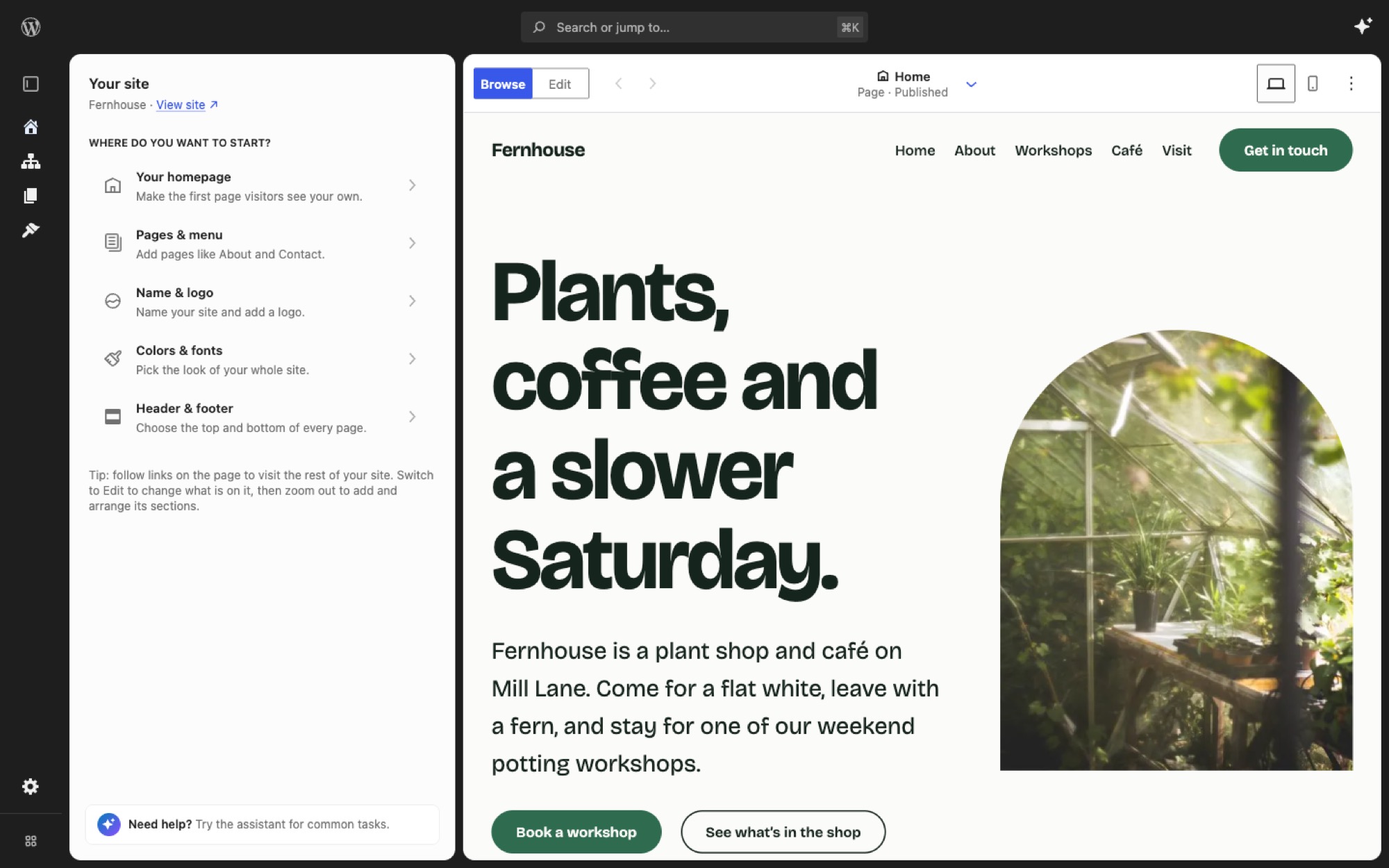 The Create Not Learn editor, with the Create your site checklist beside a live preview of the Fernhouse demo site