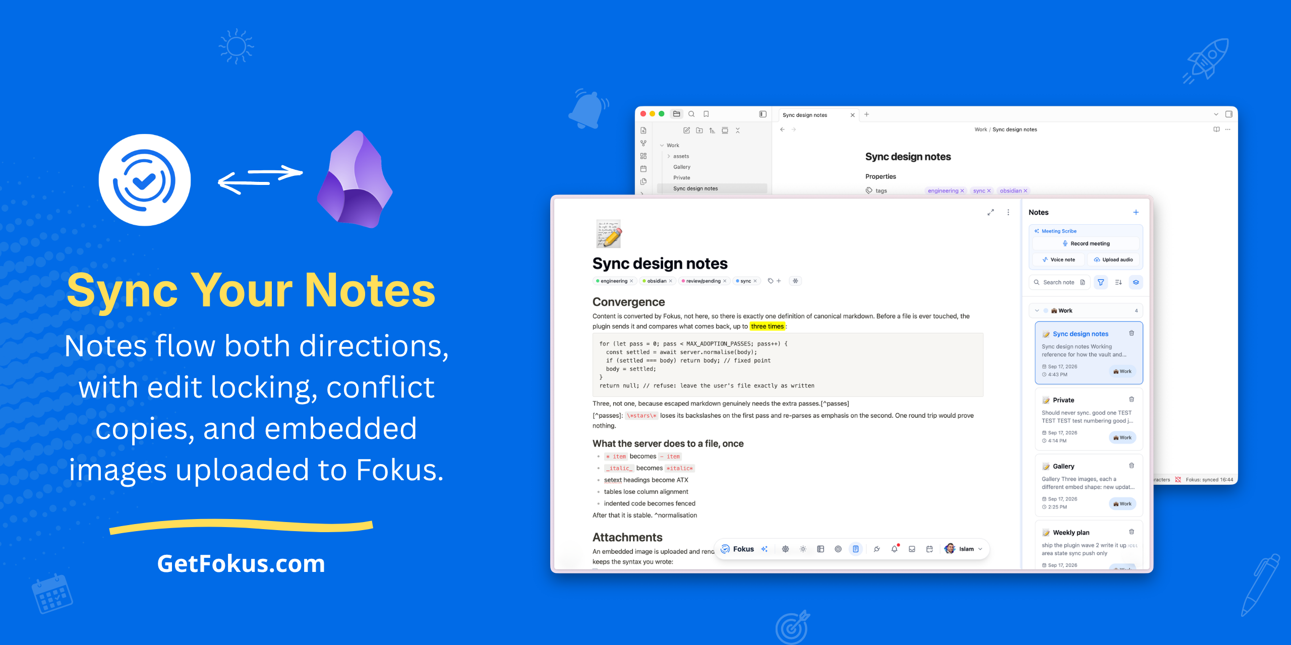 Fokus Sync — notes flow both directions between an Obsidian vault and Fokus