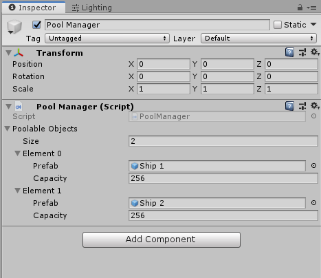 The Pool Manager script attached to a GameObject in the scene.