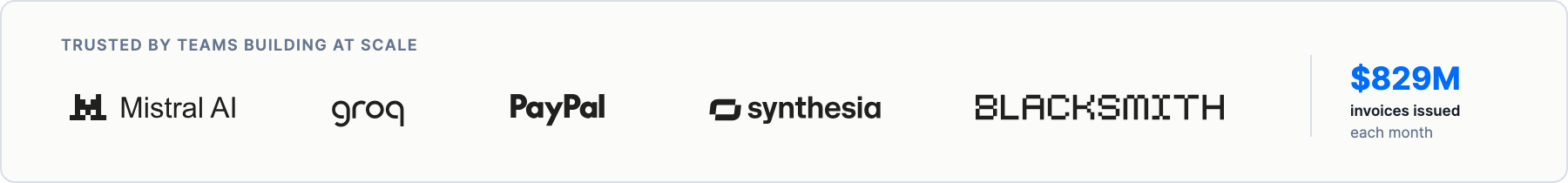 Trusted by Mistral AI, Groq, PayPal, Synthesia, and Blacksmith. Lago issues $829 million in invoices each month.