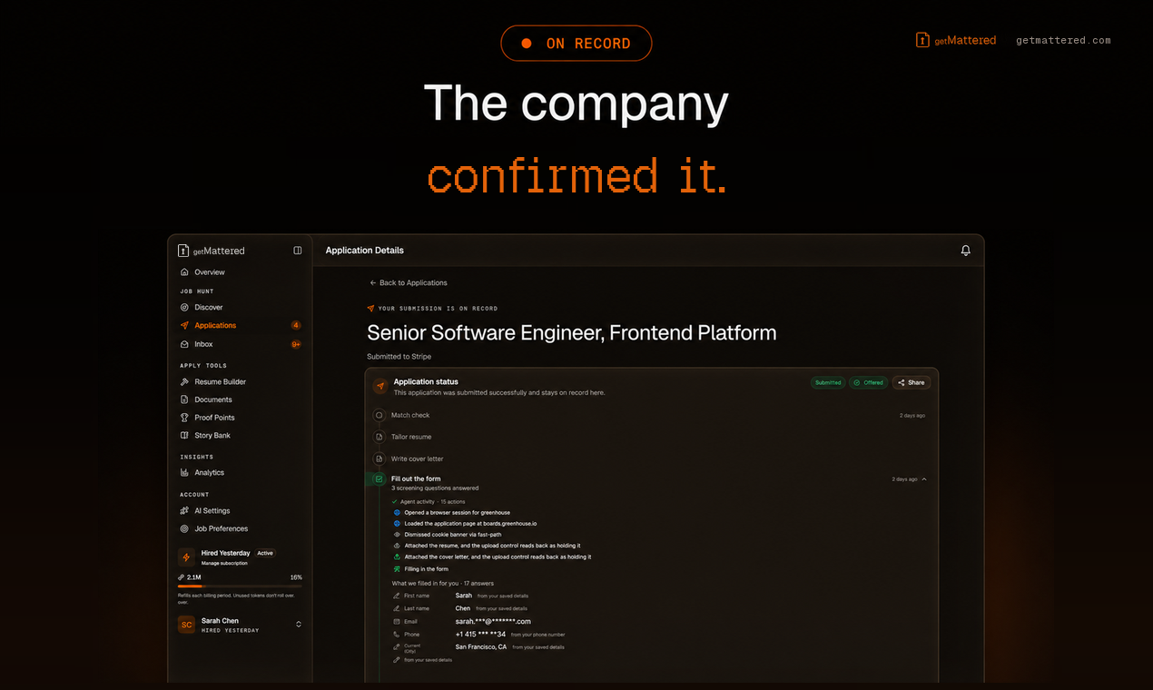 The employer's own system confirming an application arrived