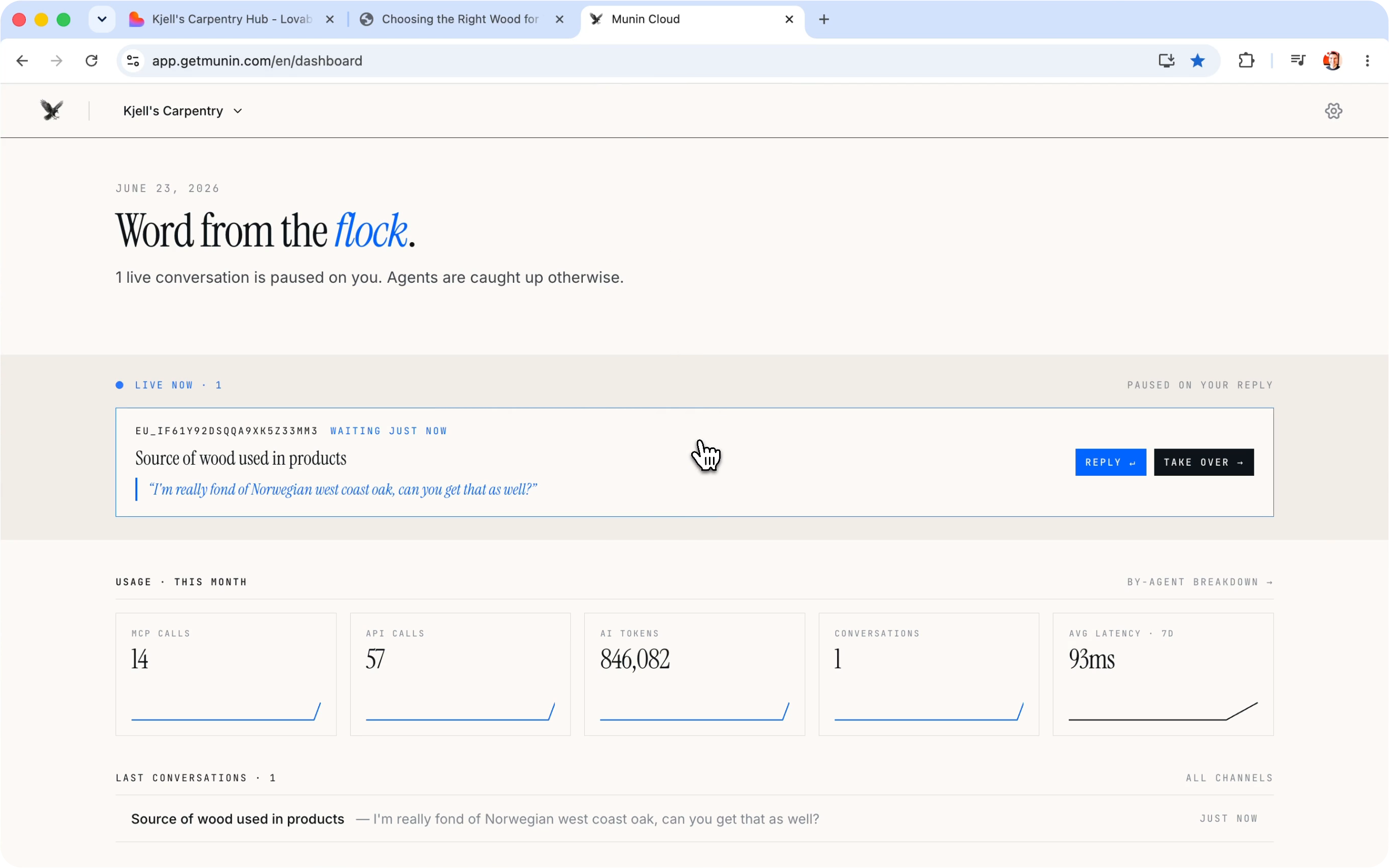 The Munin dashboard — a thin shell over the MCP tool surface
