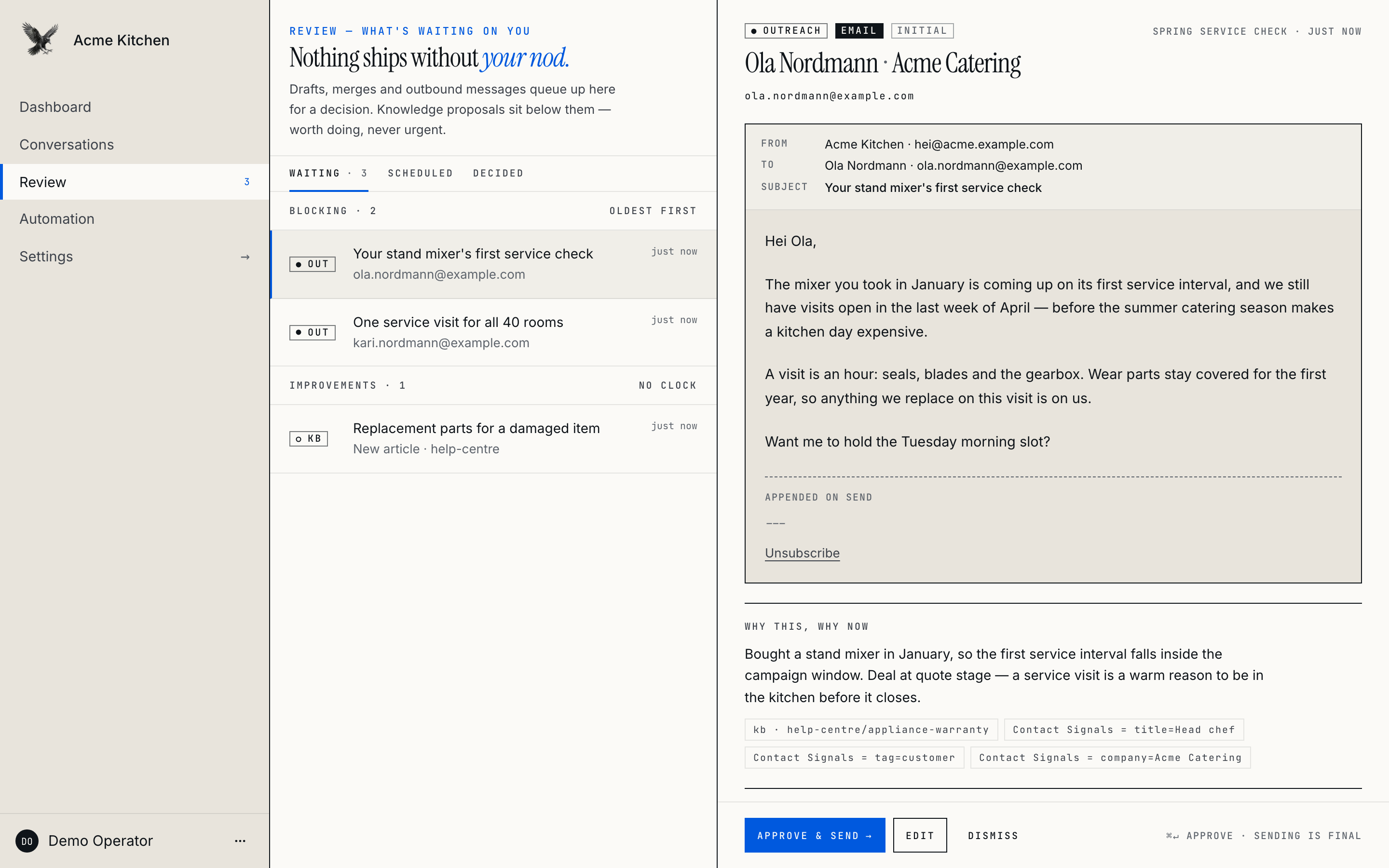 The Munin review queue β an outreach email drafted by an agent, waiting for a human to approve it