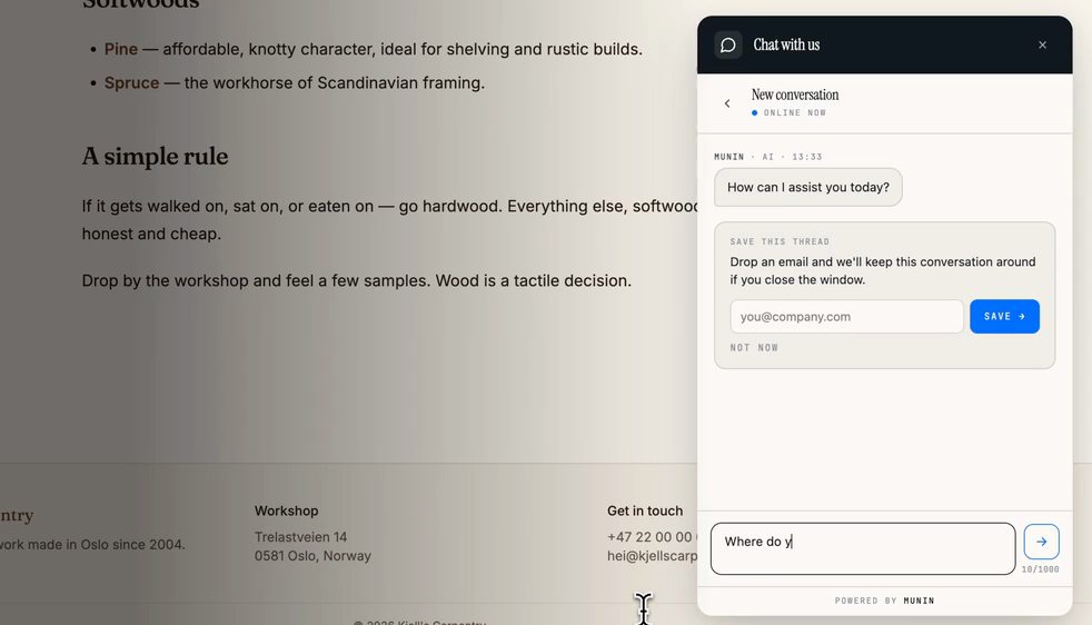 The Munin chat widget answering a customer from the knowledge base