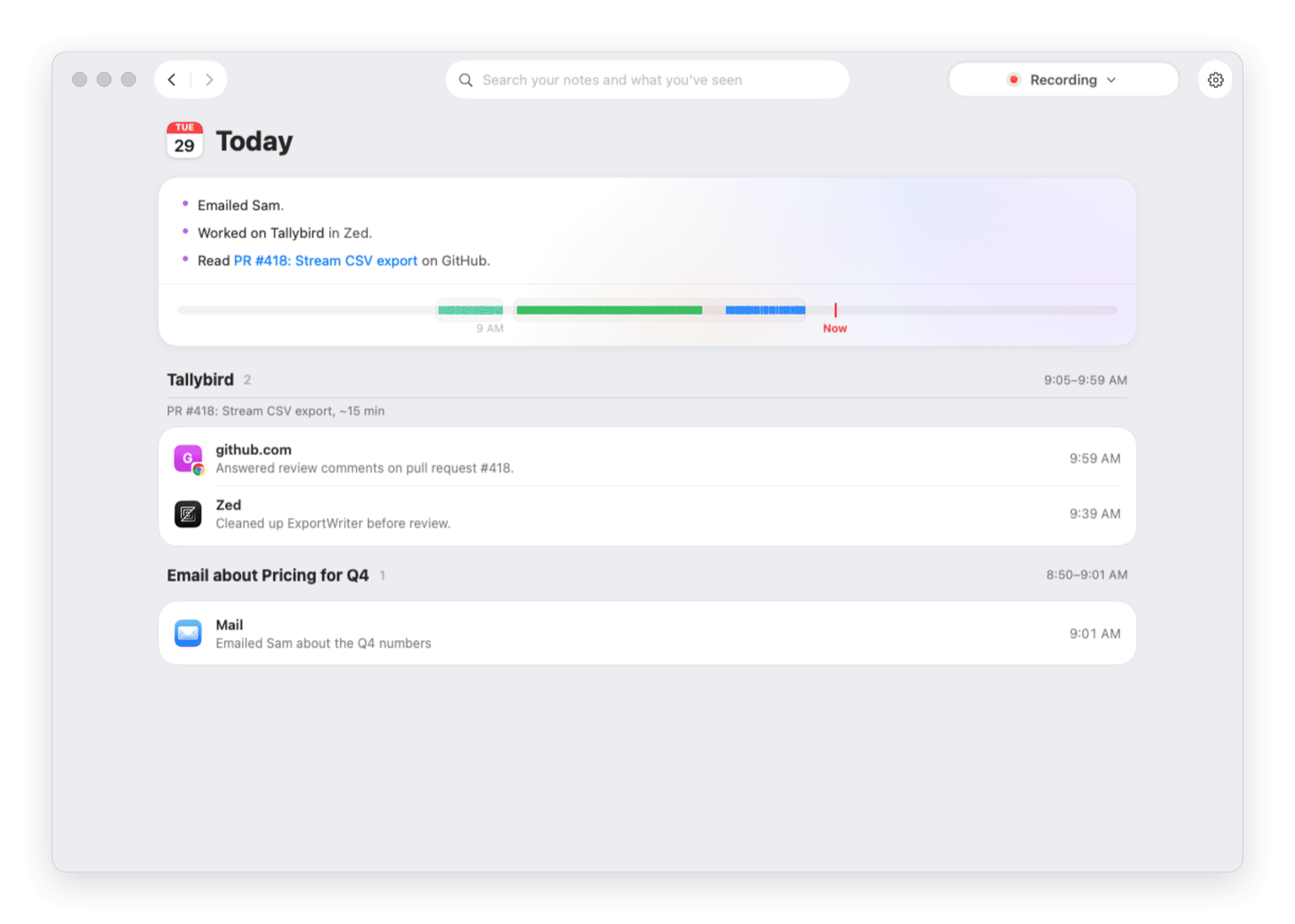 DayDream's main window, drawn with sample data: search opens, "pricing" is typed, yesterday's Pricing plan v2 moment is picked, and Show in Context opens that moment on Monday's timeline with the Google Docs page that was open.