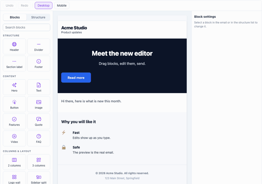 The drag-and-drop editor: adding a quote block, typing its text, moving it up the email and switching to the mobile preview