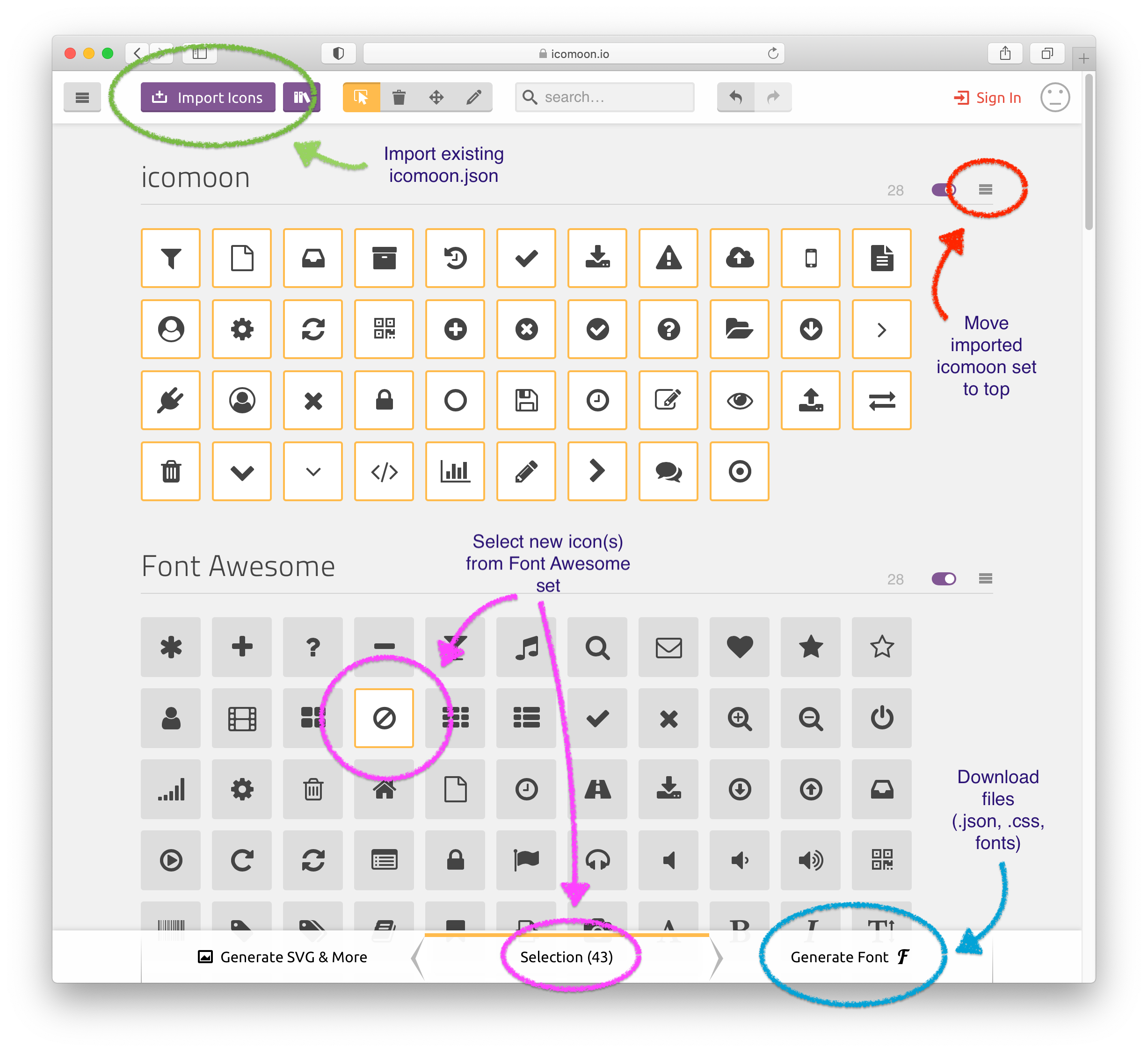 Using IcoMoon Interface