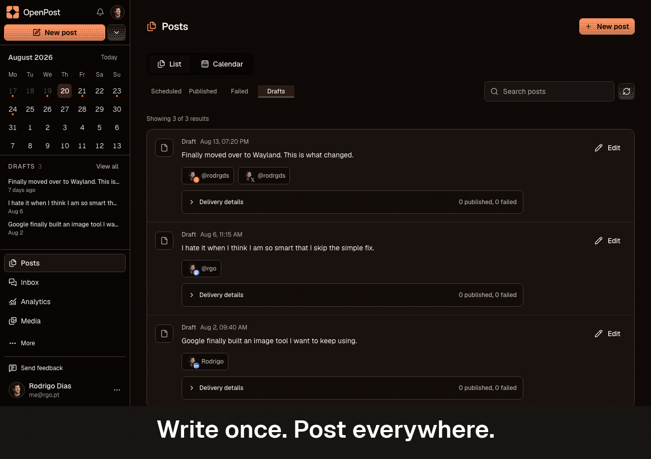 Write a post, create a meme, schedule it with confetti, then open analytics and the inbox