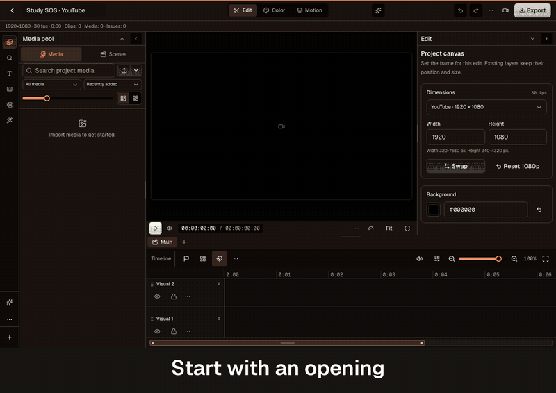 Animate a title in and out, add music, cut footage, apply a transition and effects, and adjust its color