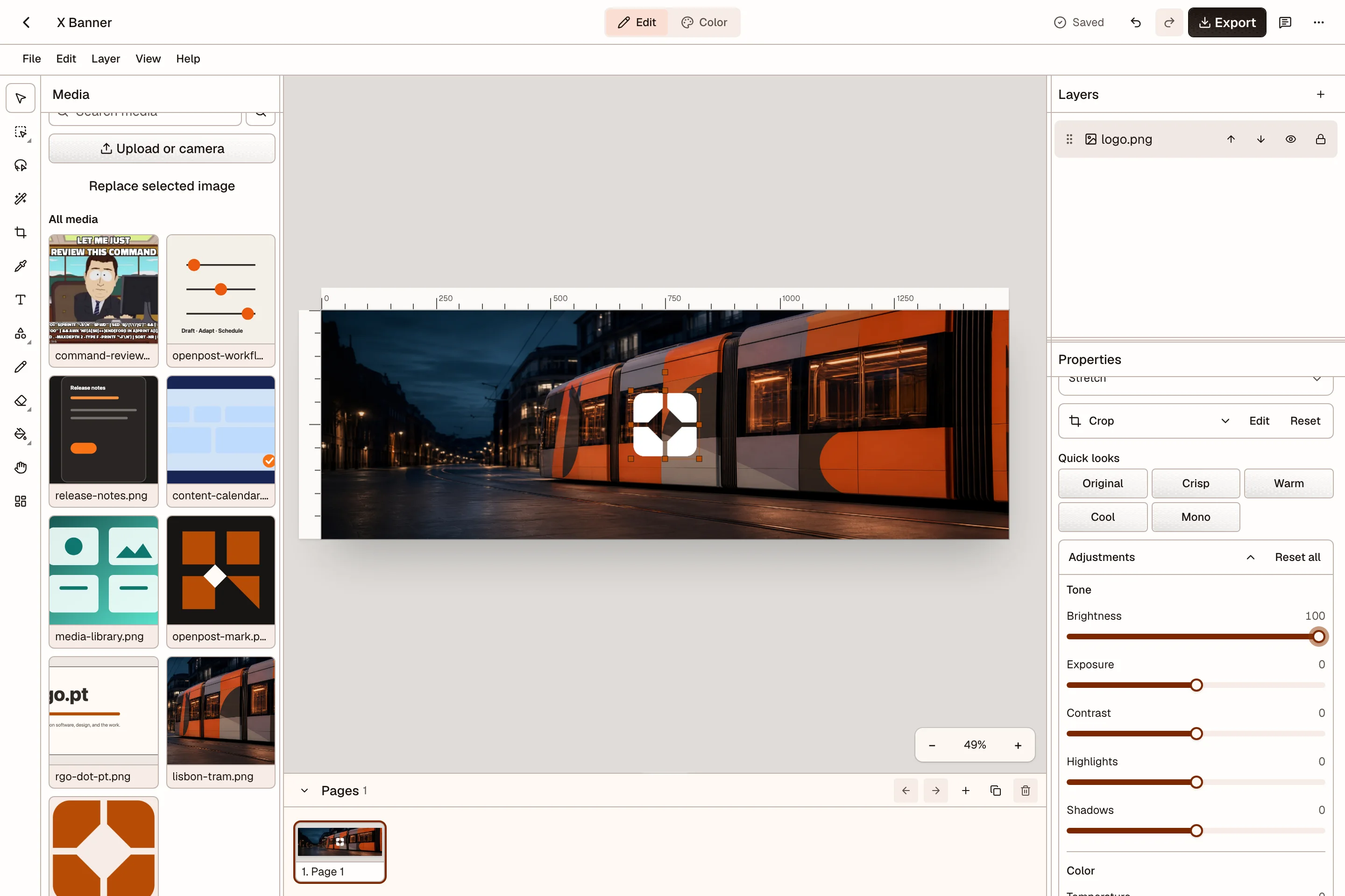 OpenPost image editor with a design canvas, layers, and editing controls