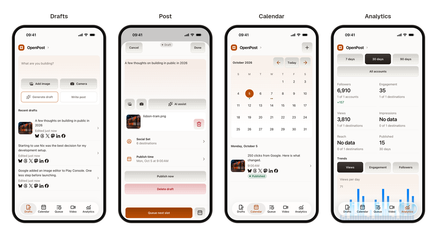 OpenPost on iOS: Drafts, Post, Calendar, and Analytics, each shown in a labelled phone mockup