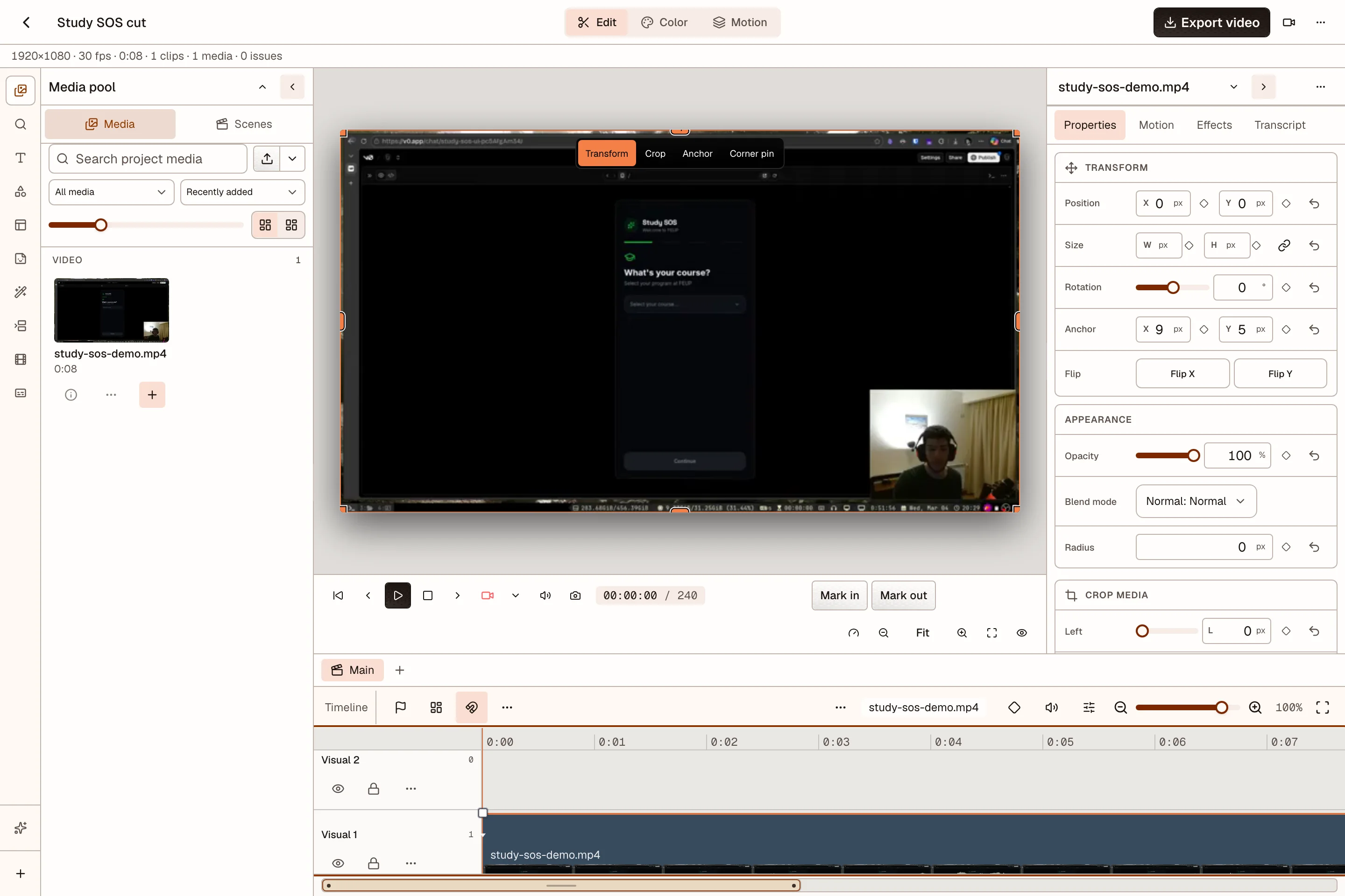OpenPost video editor with a video preview and multitrack timeline