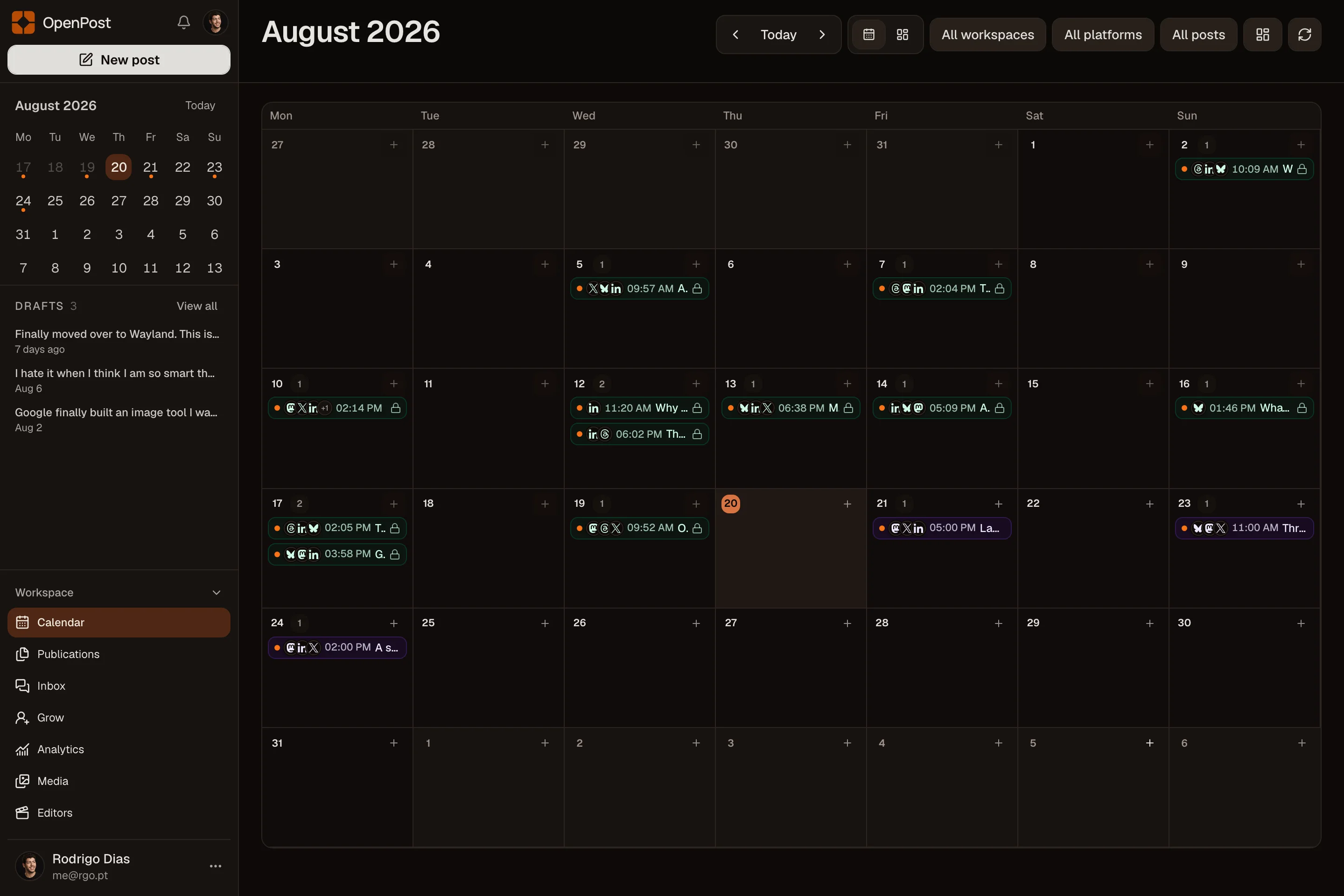 OpenPost monthly publishing calendar with published and scheduled posts