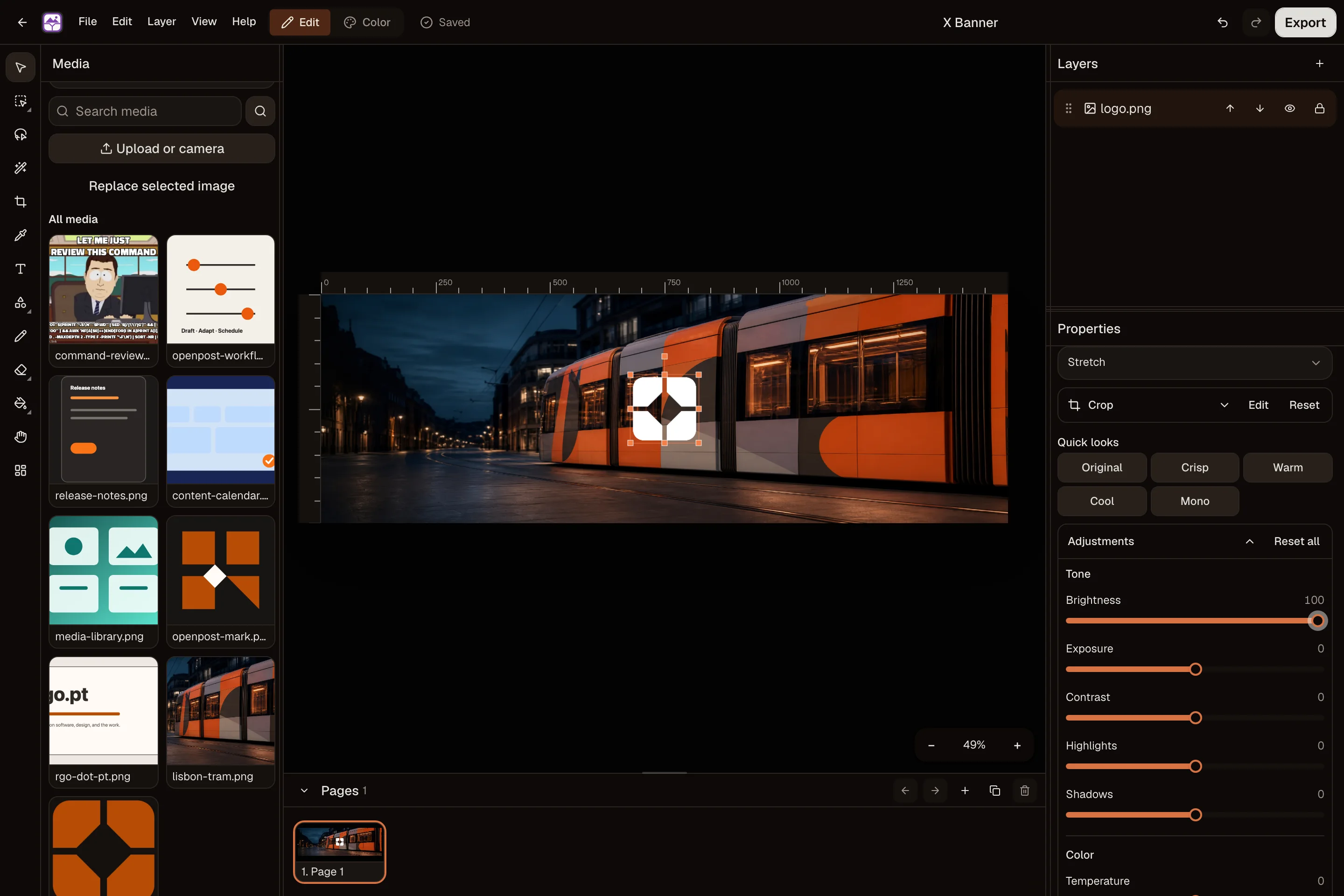 OpenPost Image Editor with a selected logo over a Lisbon tram photo