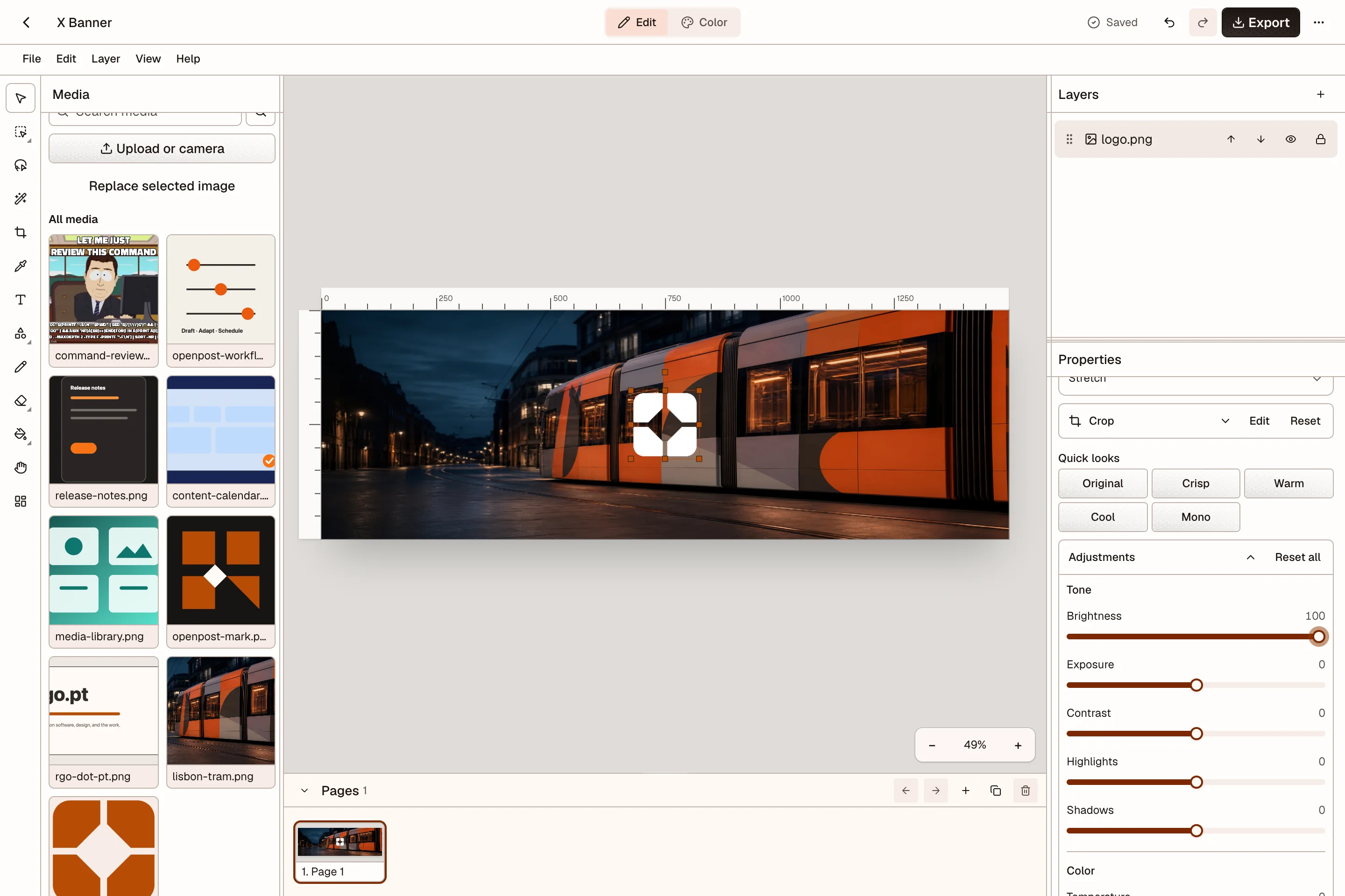 OpenPost image editor with a design canvas, layers, and editing controls