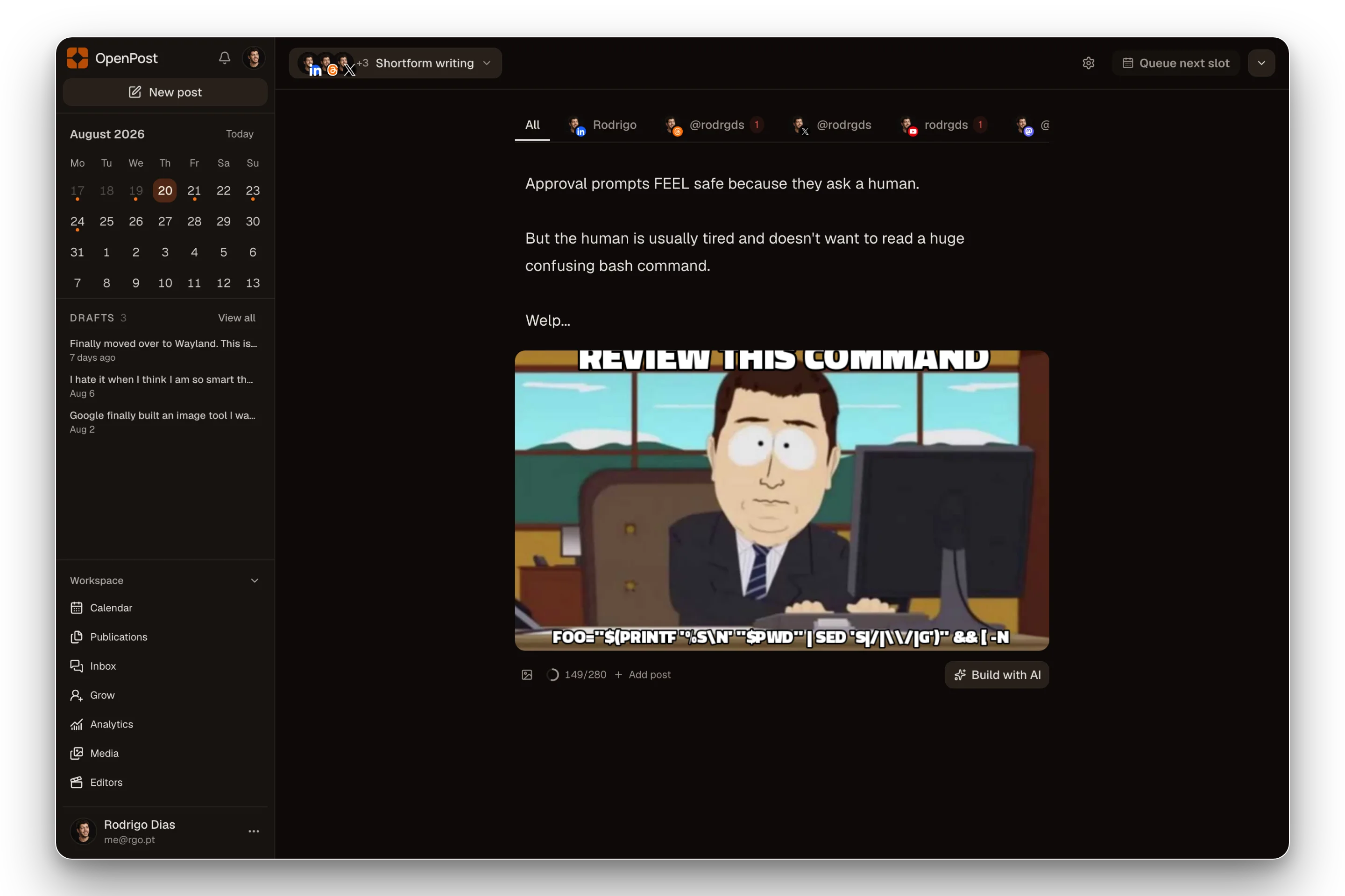 OpenPost composer with six social destinations, a command-review meme, and scheduling and publishing controls