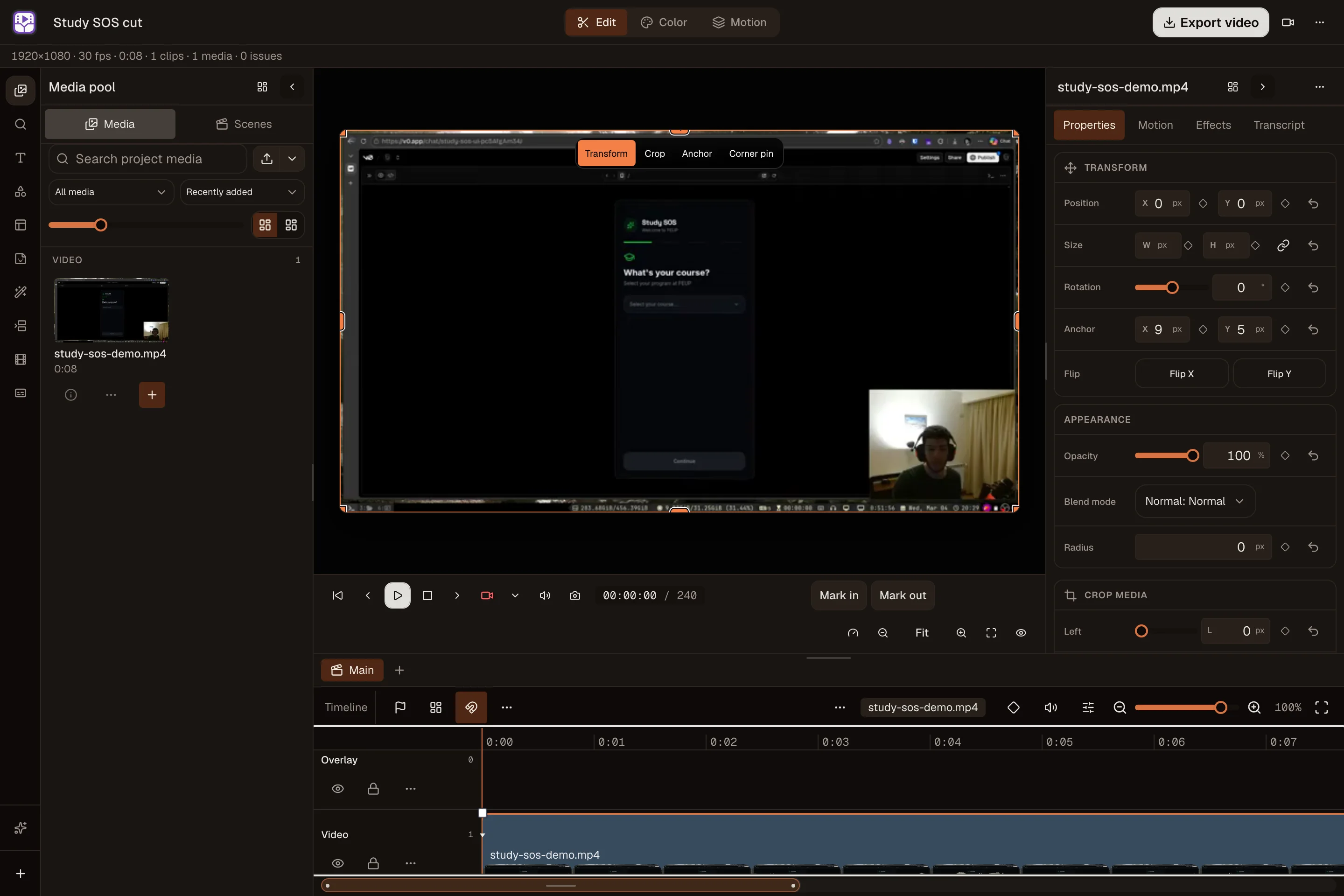 OpenPost Video Editor cutting a Study SOS screen recording