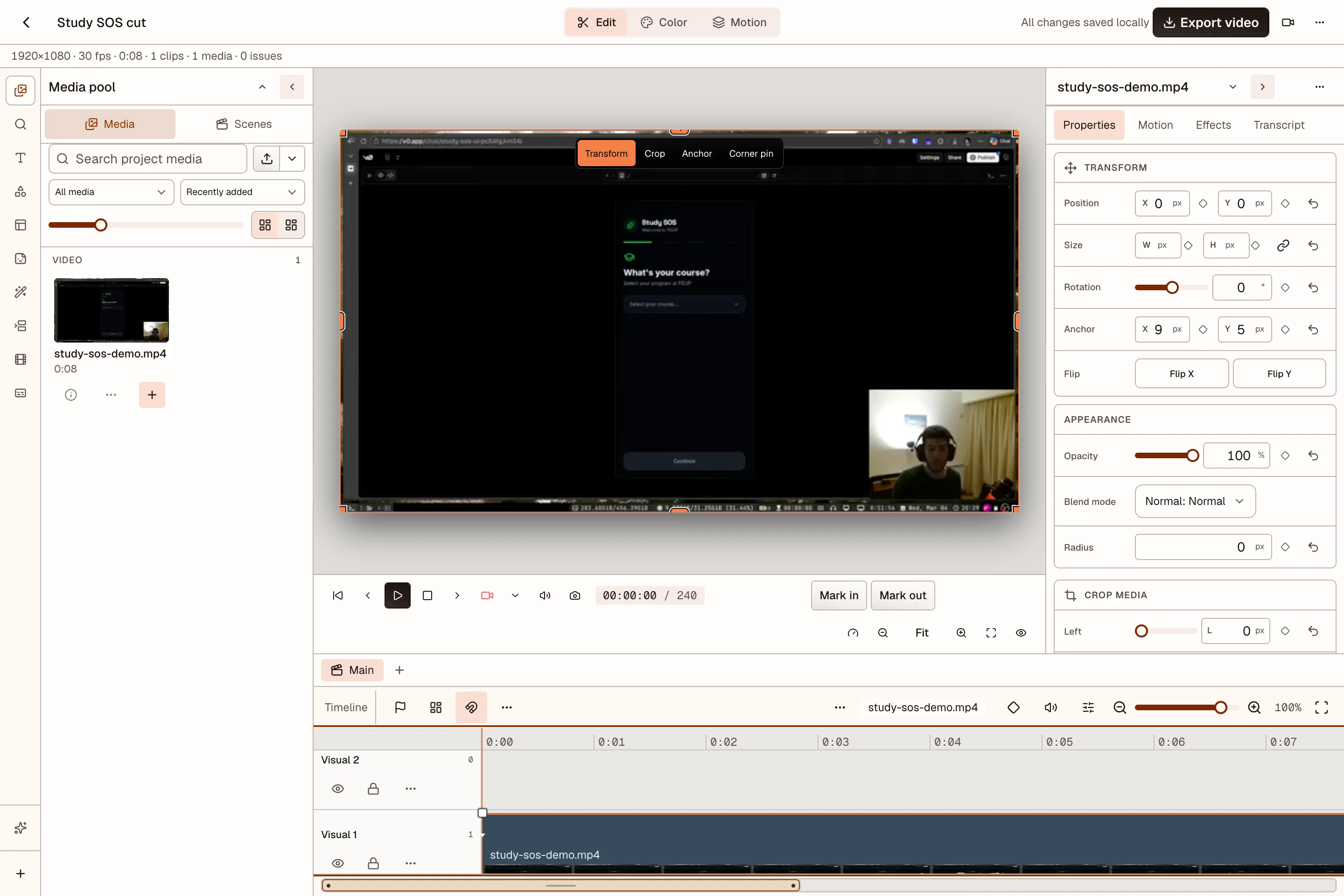 OpenPost video editor with a video preview and multitrack timeline