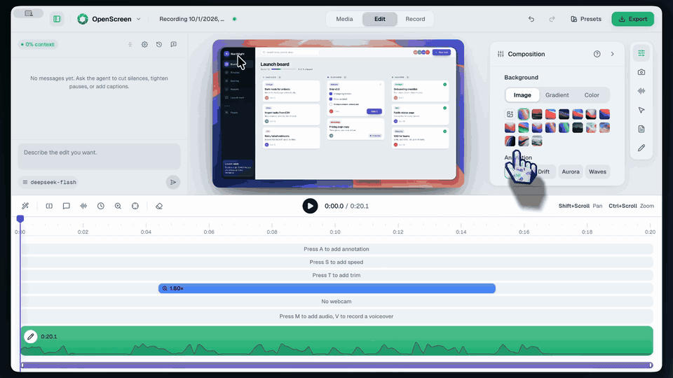 Editing a recording in OpenScreen: one click restyles the whole video, deleting a sentence in the transcript cuts it from the video, and the editor's agent adds a zoom on every click