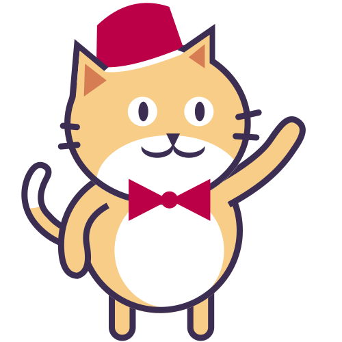 Orange cartoon cat standing on two hind legs, wearing a red bellhop hat and bowtie