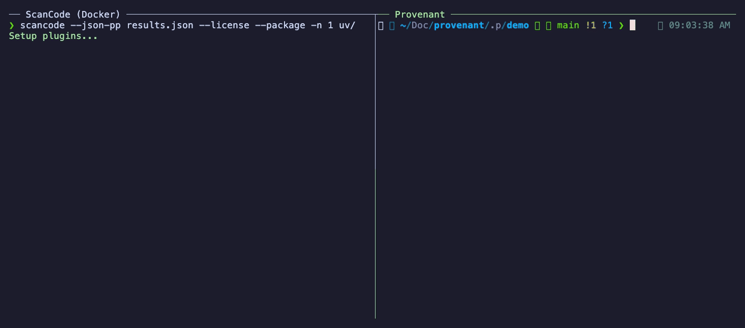 Provenant and the reference scanner racing the same astral-sh/uv scan side by side