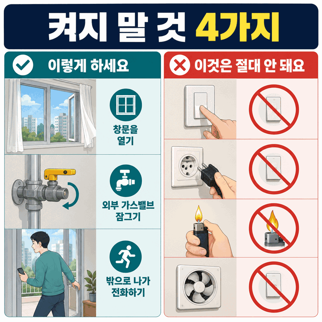 가스 냄새 상황에서 창문 열기와 외부 밸브 잠금은 허용하고 전등, 플러그, 라이터, 환풍기 조작은 금지하는 비교표