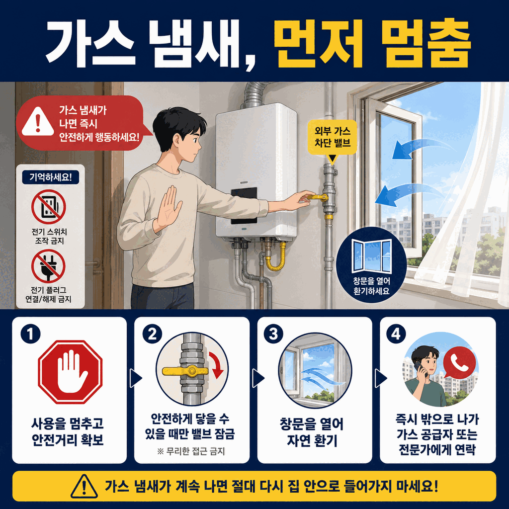 보일러 주변에서 가스 냄새가 날 때 사용 중단, 외부 밸브 잠금, 창문 환기, 외부 연락 순서를 보여주는 안전 안내